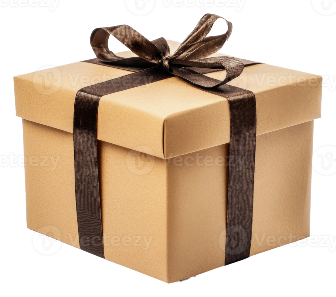 Gift box wrapped with a brown ribbon and bow, cut out - stock . png