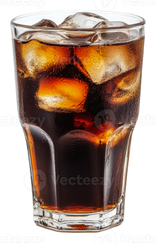 Refreshing glass of cola with ice on a sunny day, cut out - stock . png