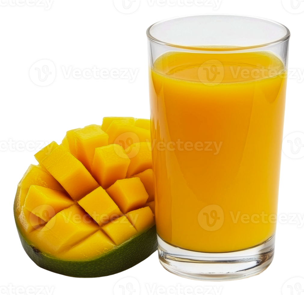 Mango juice and slices on the table, cut out - stock . png