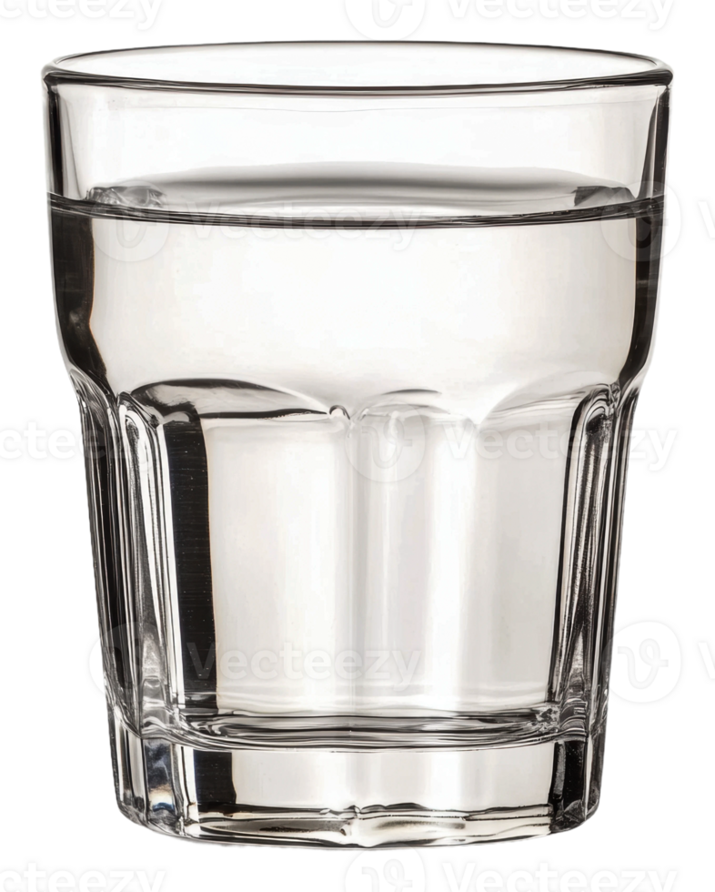 Clear glass filled with fresh water on a table, cut out - stock . png