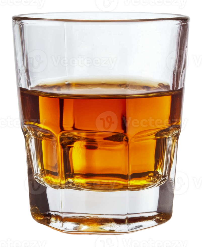 A glass of whiskey placed on a wooden table, cut out - stock . png