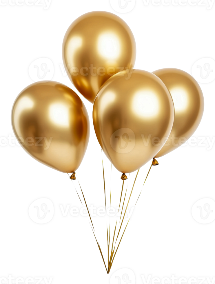 Golden balloons tied for a celebration, cut out - stock . png