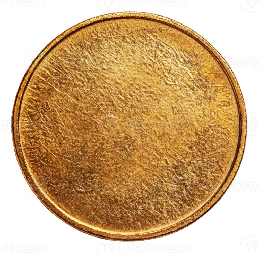 Textured gold coin on white background, cut out - stock . png