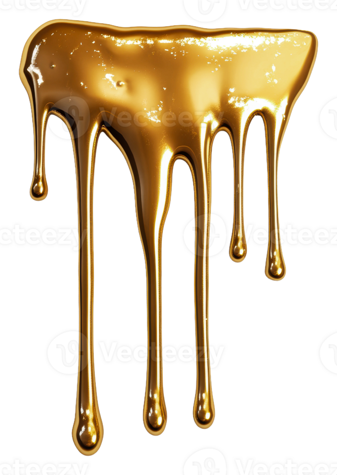 Golden liquid dripping on a white background, cut out - stock . png