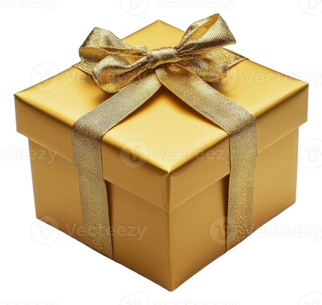 Shiny golden gift box tied with ribbon on display, cut out - stock . png