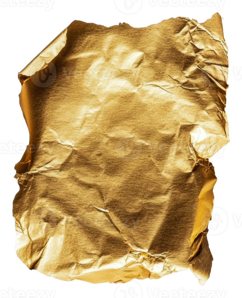 Crinkled gold foil on a white background, cut out - stock . png