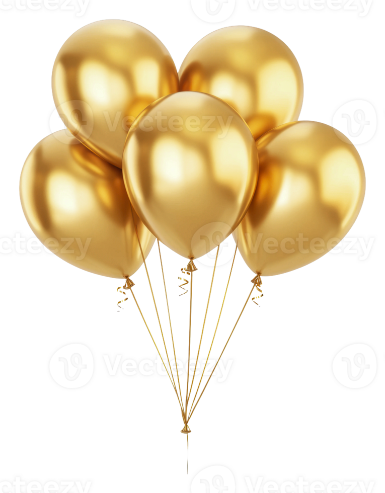Five shiny gold balloons with long strings, cut out - stock . png