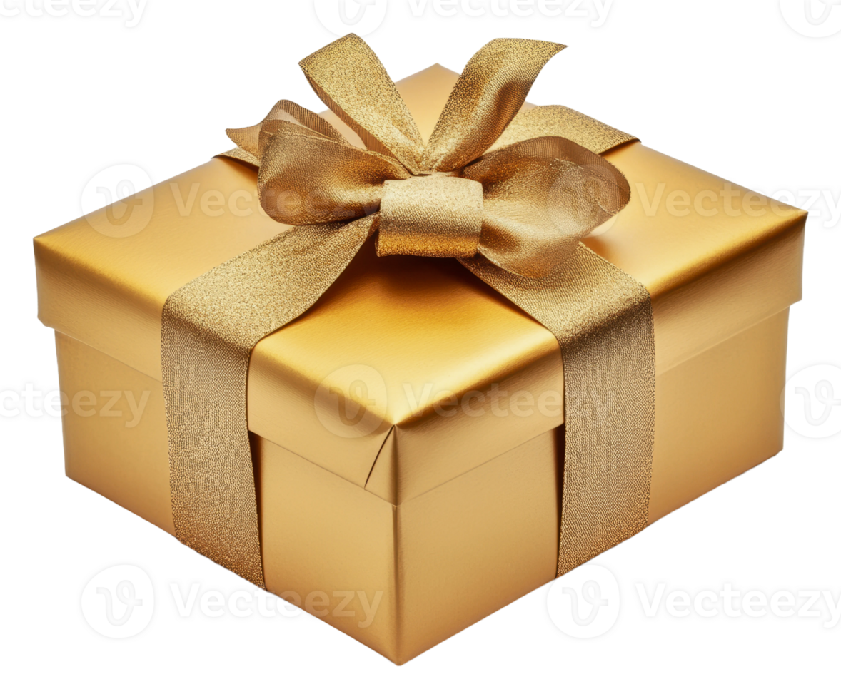 Gold gift box with a ribbon, cut out - stock . png