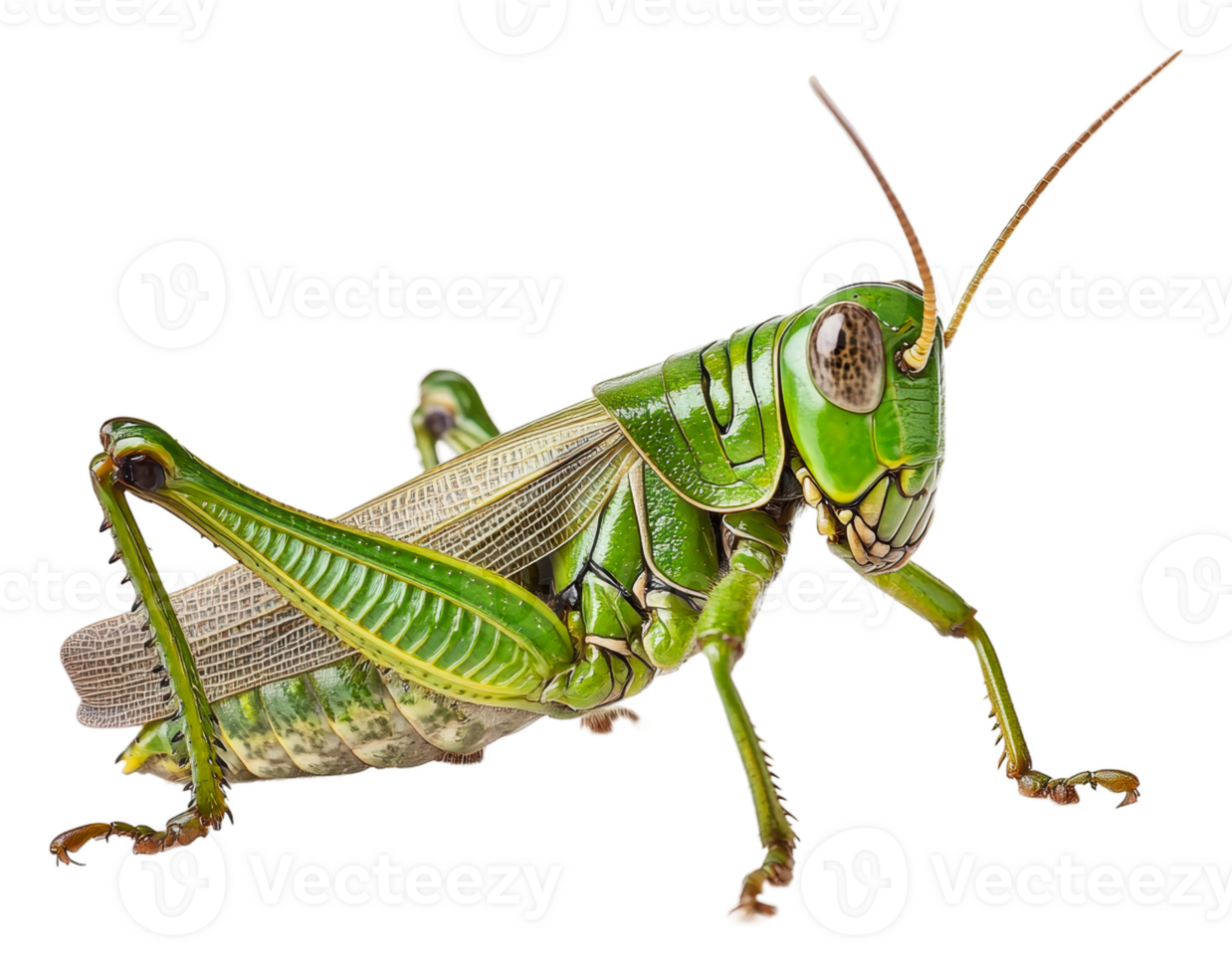 Green grasshopper perched on a white background, cut out - stock . png