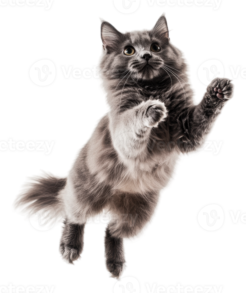Gray fluffy cat jumping playfully in the air, cut out - stock . png