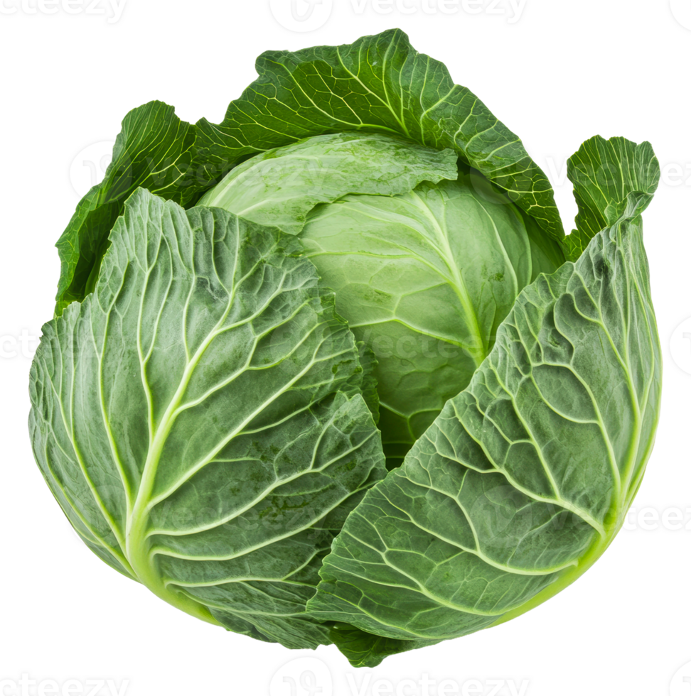 Fresh green cabbage with crisp leaves at harvest, cut out - stock . png
