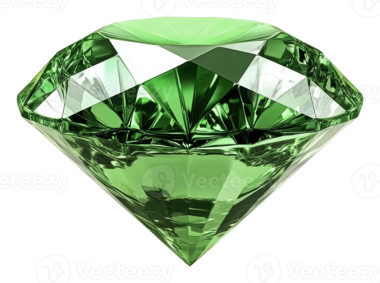 Green gemstone displayed on a reflective surface, cut out - stock . png