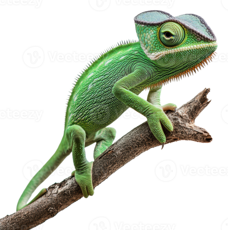 Green chameleon perched on a branch in daylight, cut out - stock . png