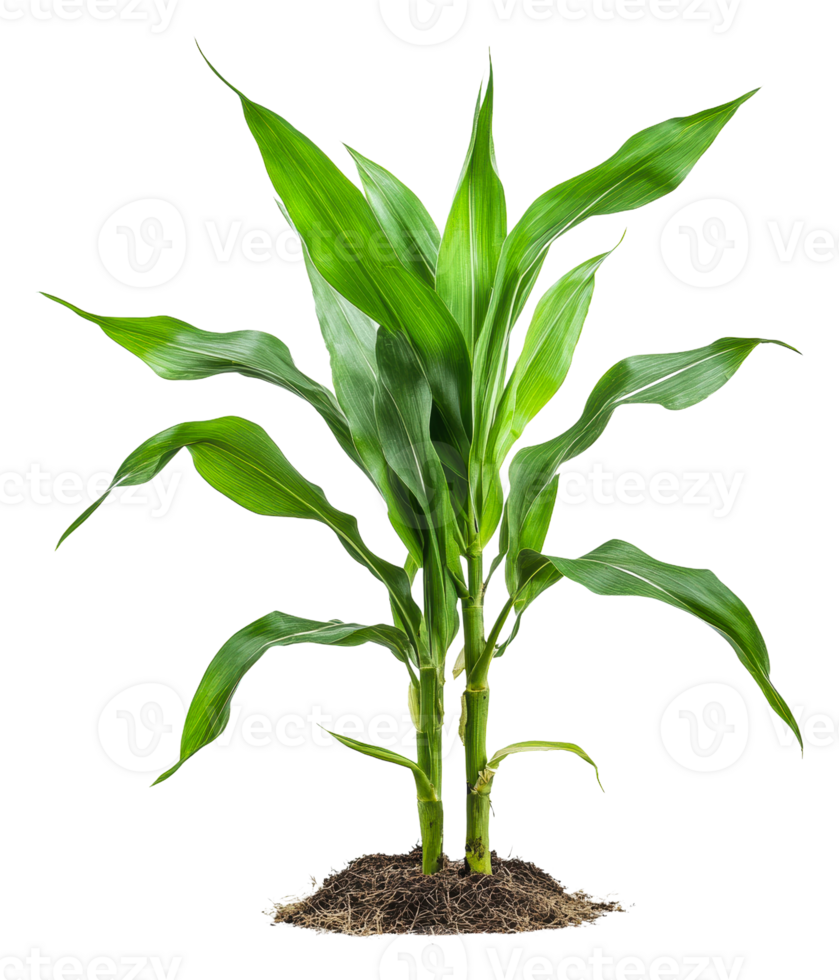 Green corn plant growing in rich soil at midday, cut out - stock . png