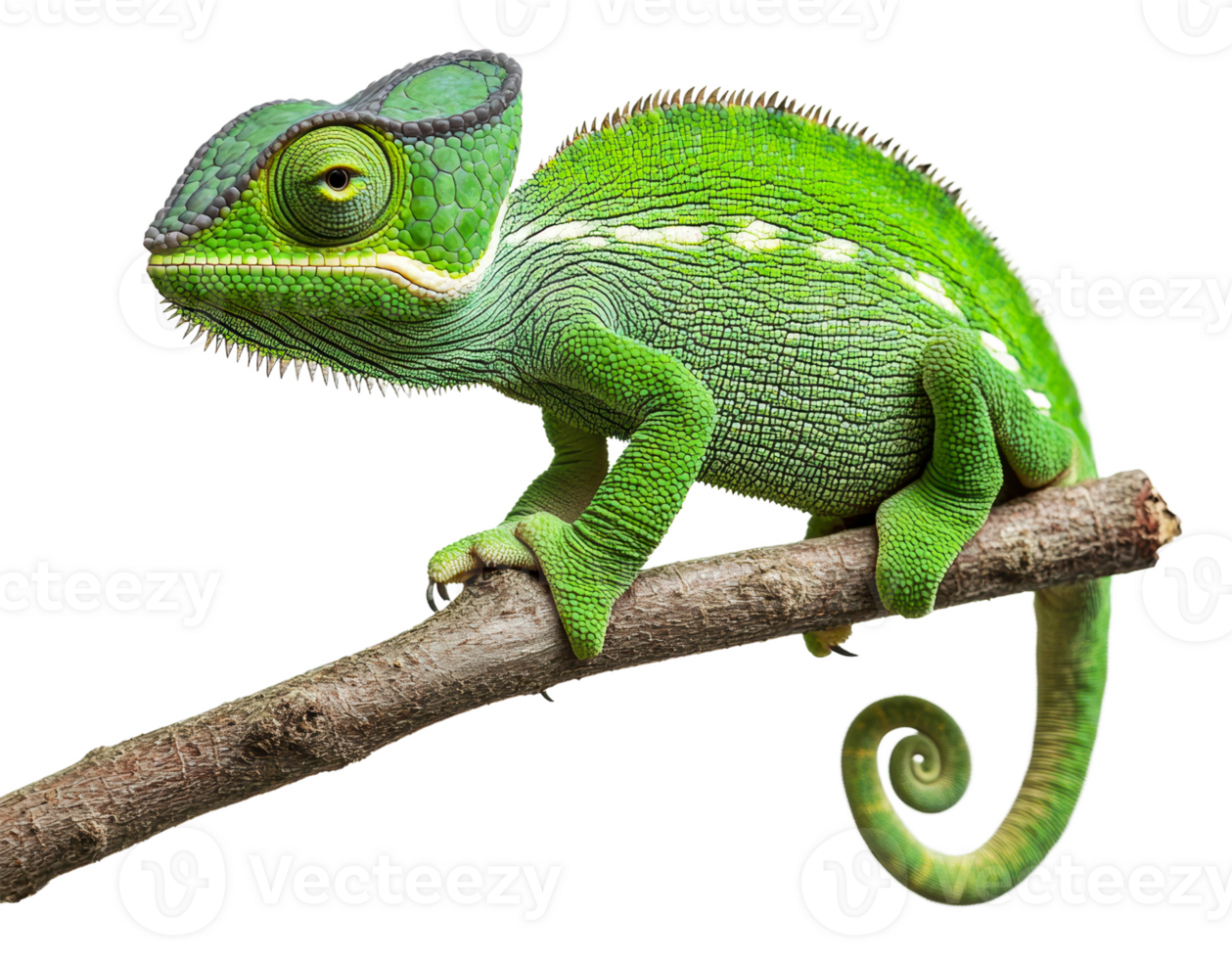 Green chameleon resting on a branch in nature, cut out - stock . png