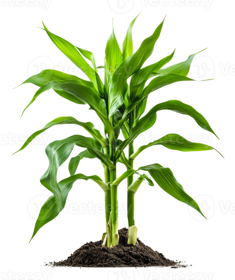 Growing corn plants in rich black soil at midday, cut out - stock . png