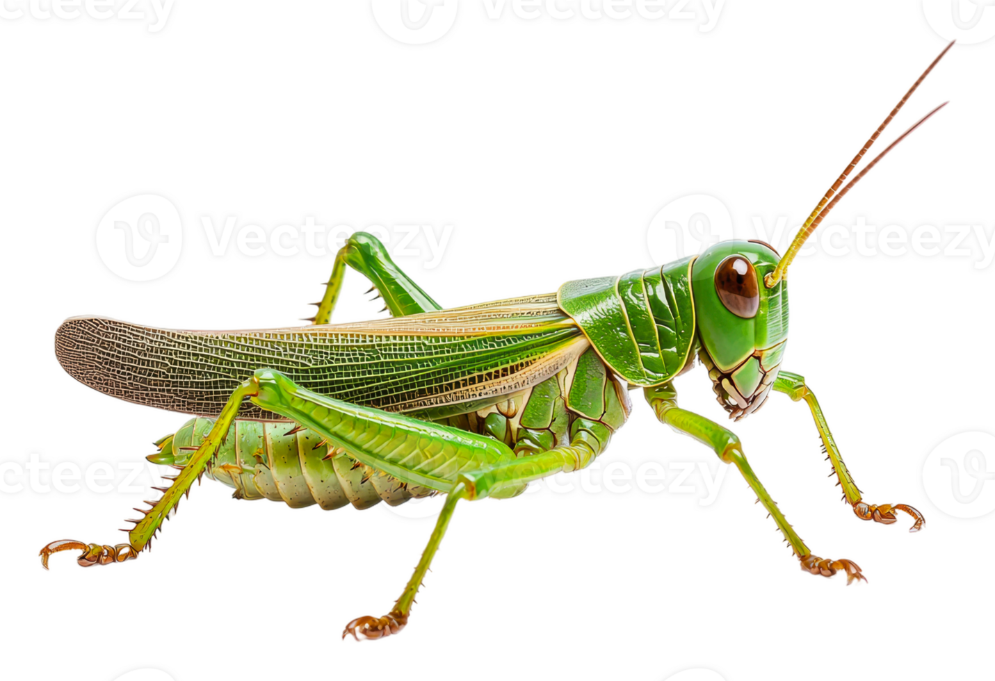 Green grasshopper perched on a light surface, cut out - stock . png