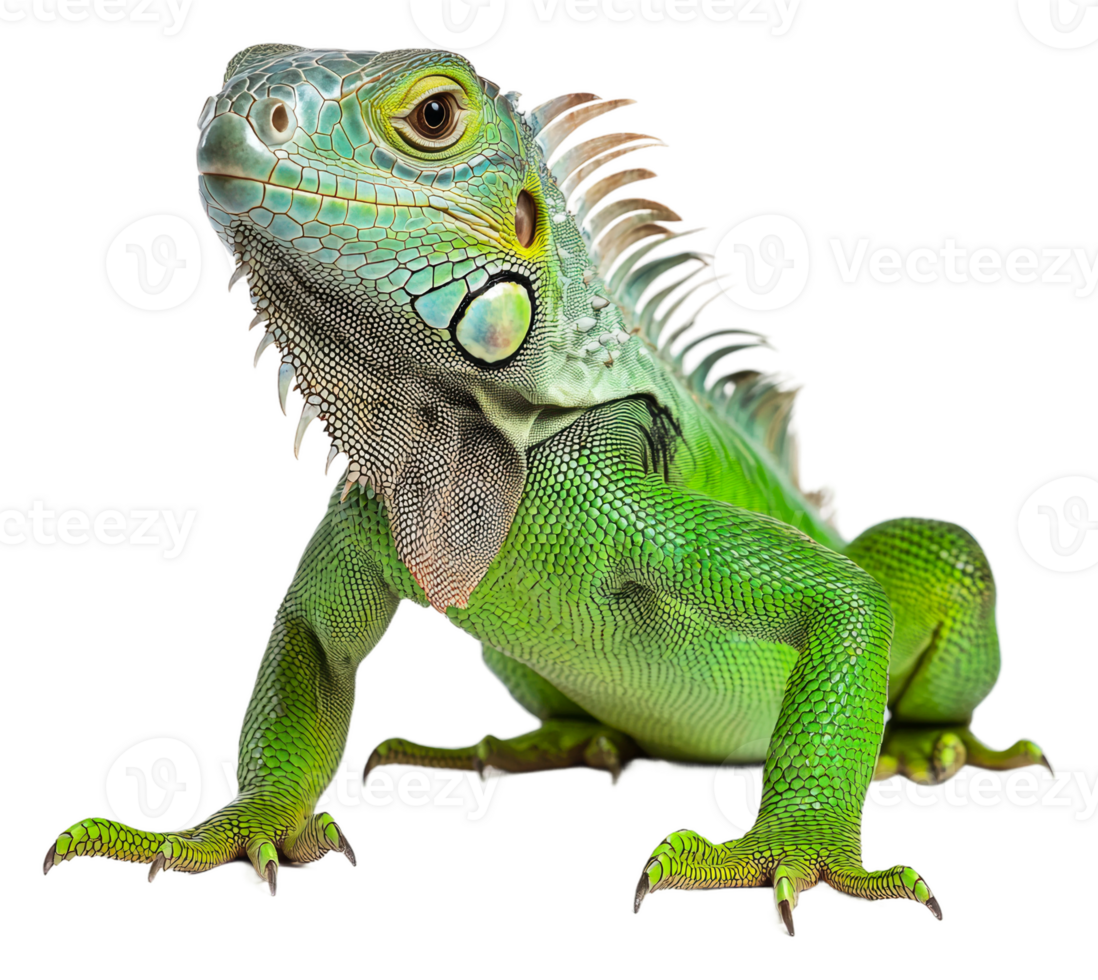 Green iguana resting on a surface in bright light, cut out - stock . png