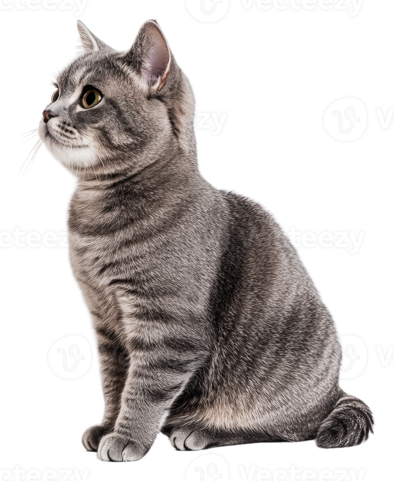 Gray tabby cat against white backdrop, cut out - stock . png