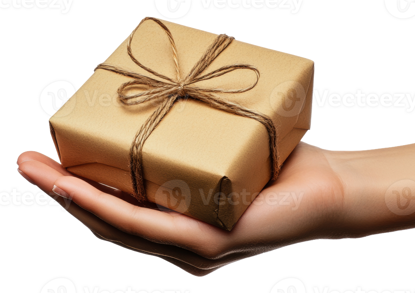 Simple gift wrapped in brown paper held in hand, cut out - stock . png