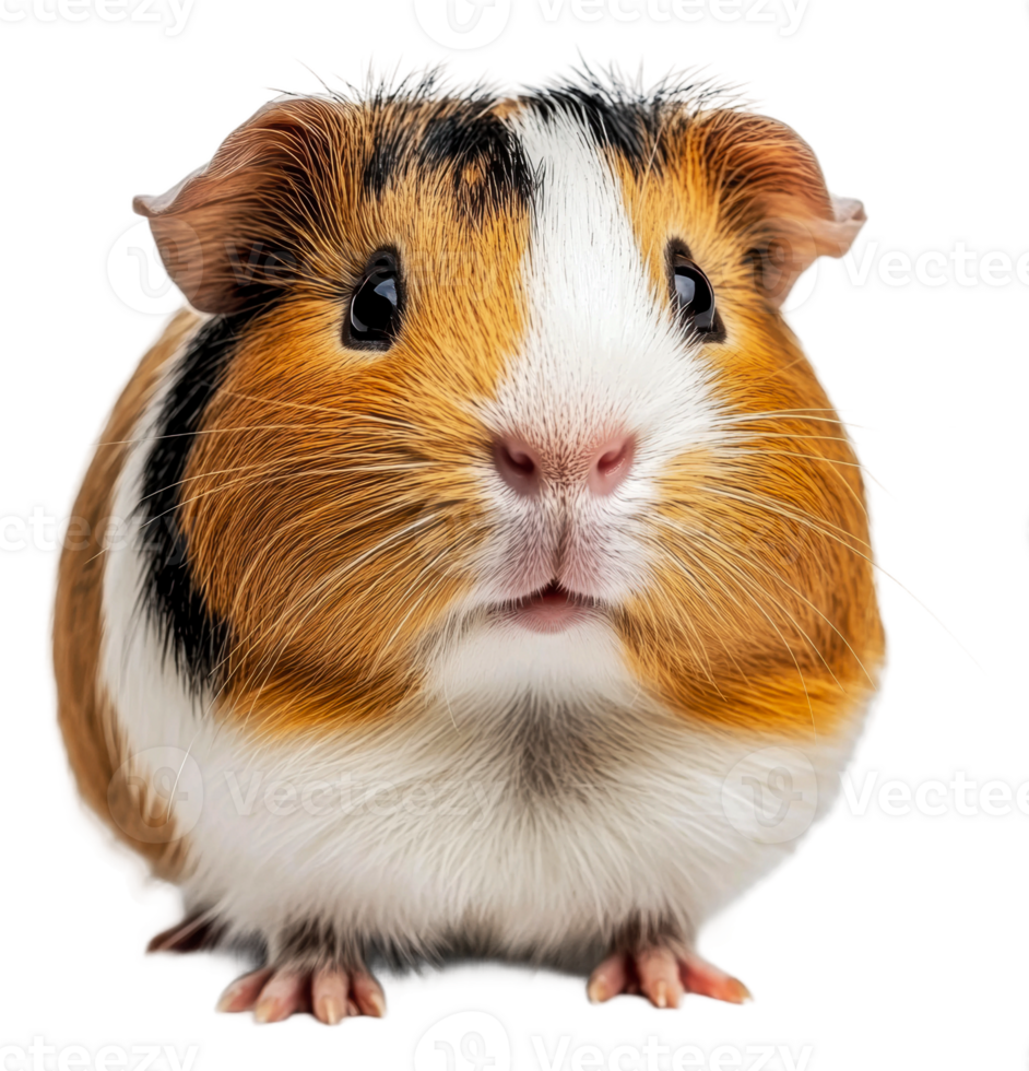 Curious tricolor guinea pig gazes at camera, cut out - stock . png