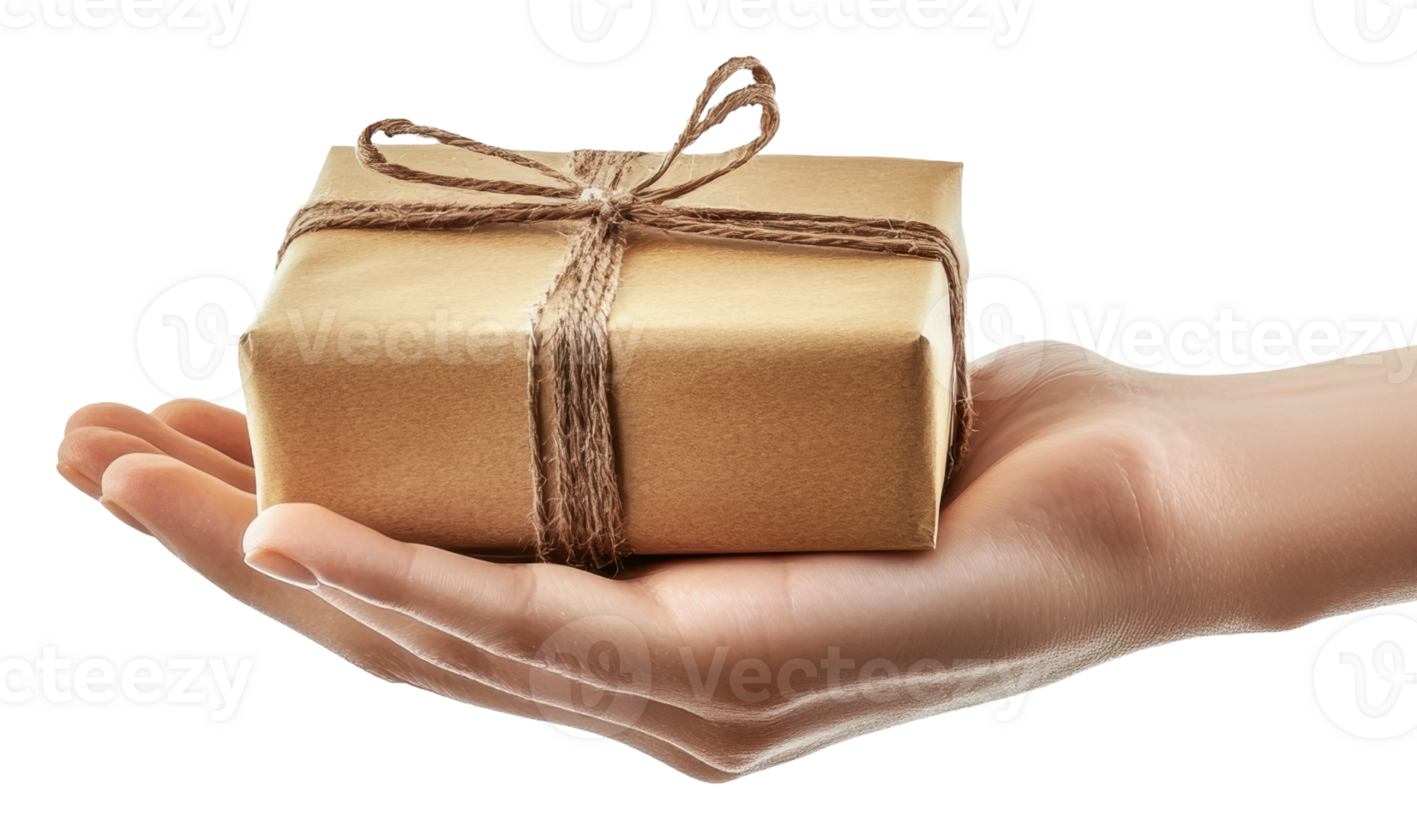 Hand holding a wrapped gift box with twine, cut out - stock . png