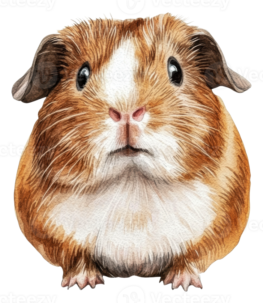 Cute brown and white guinea pig sitting still, cut out - stock . png