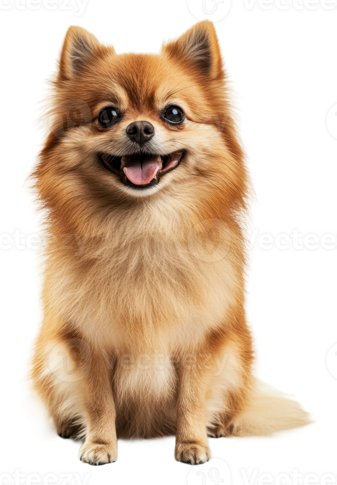Happy Pomeranian sitting and smiling indoors, cut out - stock . png