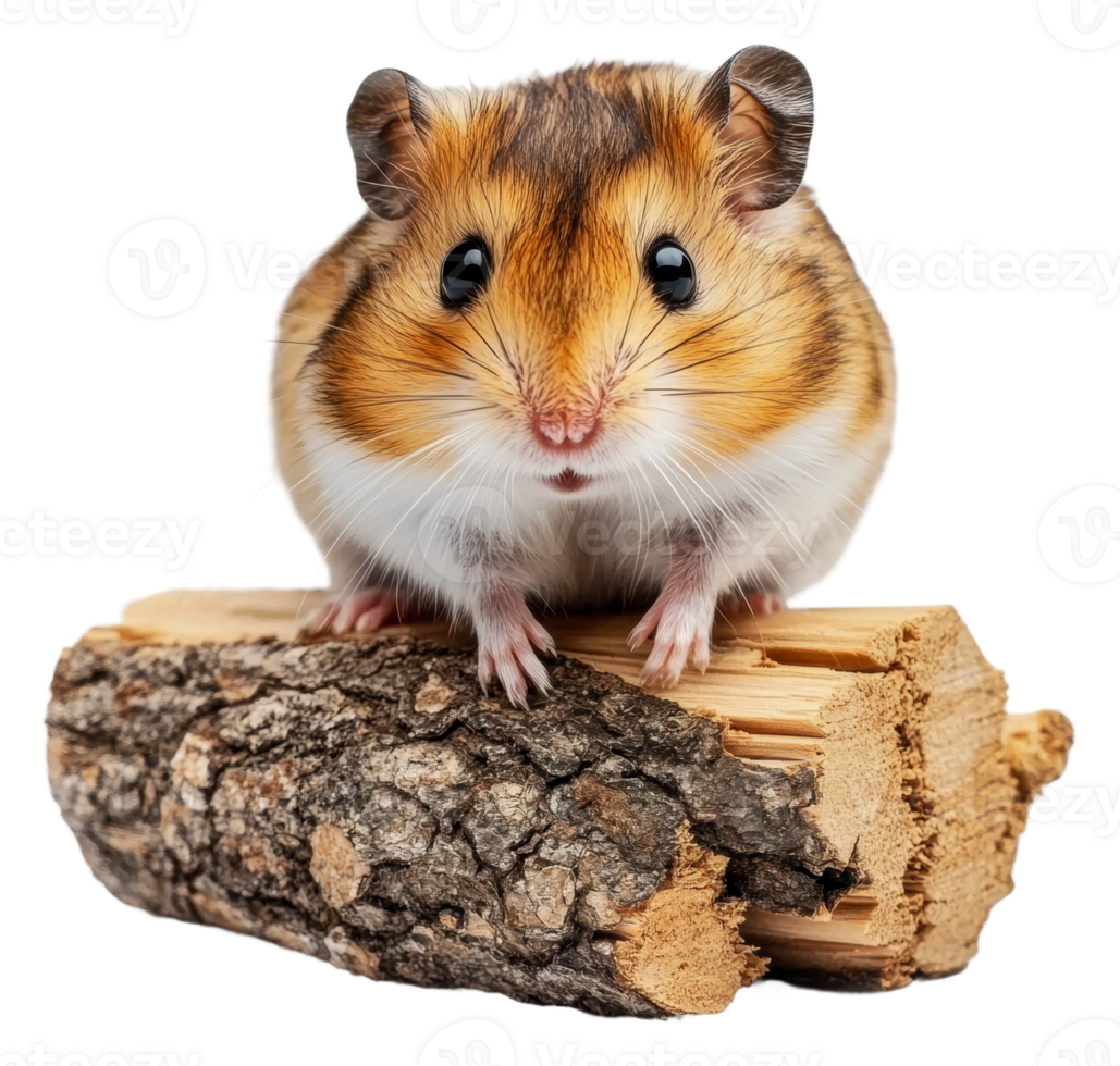 Cute hamster sitting on a log in a cozy setting, cut out - stock . png