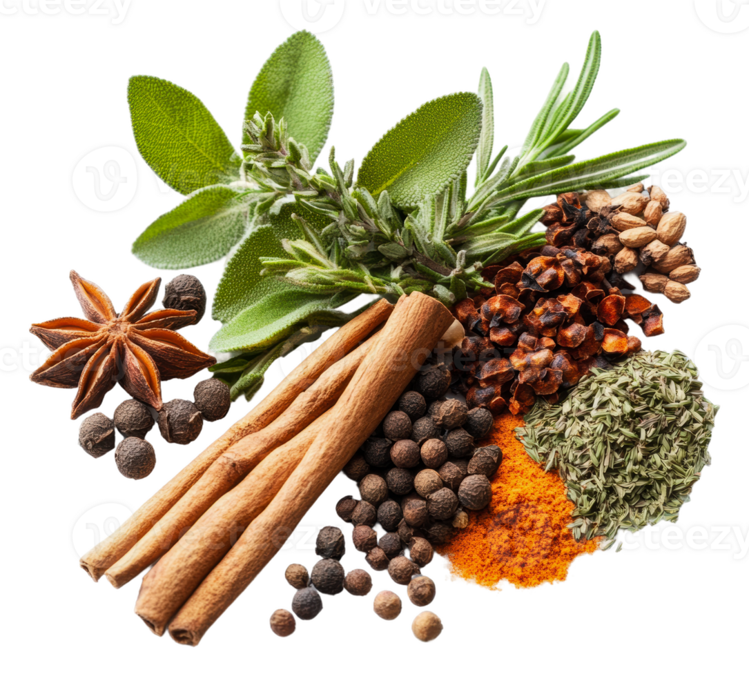 Fresh herbs and spices on white, cut out - stock . png