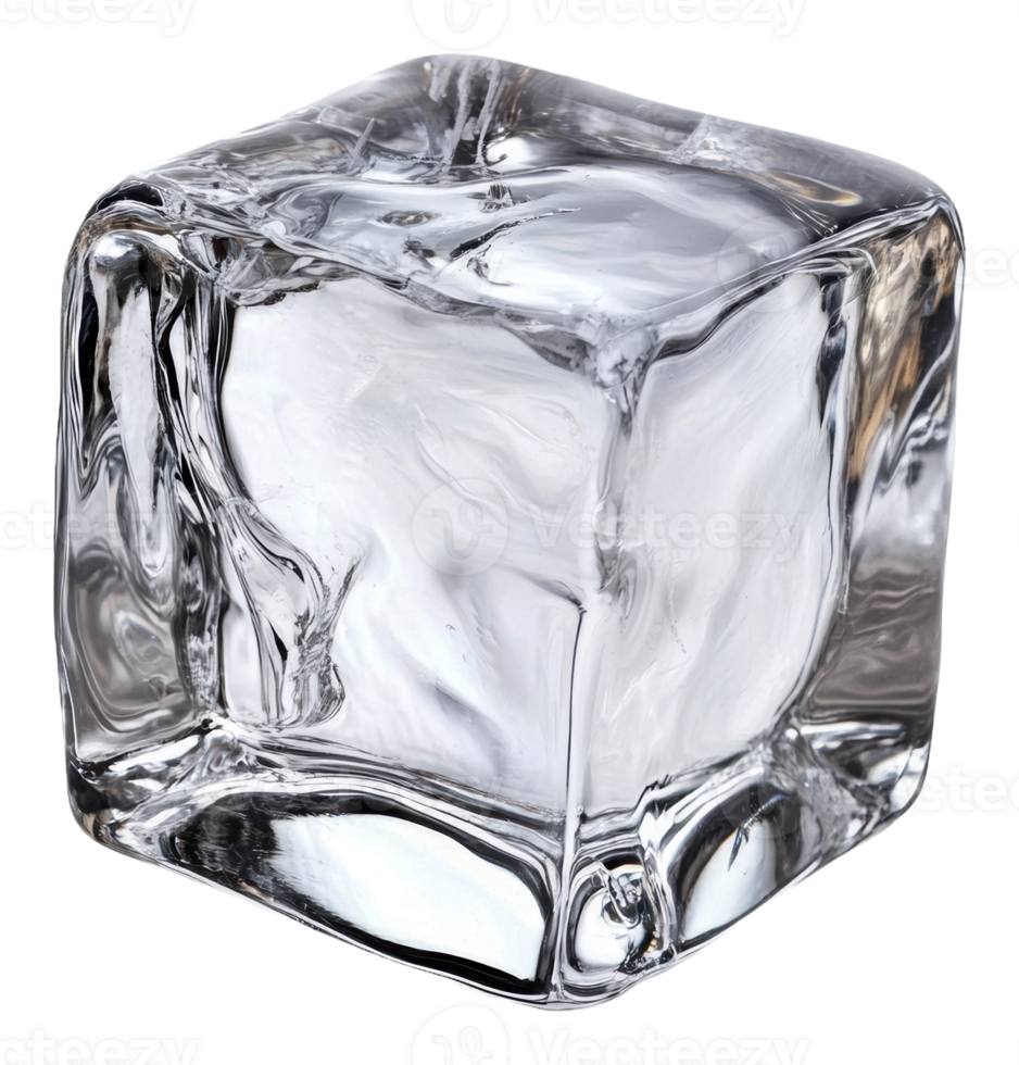 Clear ice cube resting on a smooth surface, cut out - stock . png