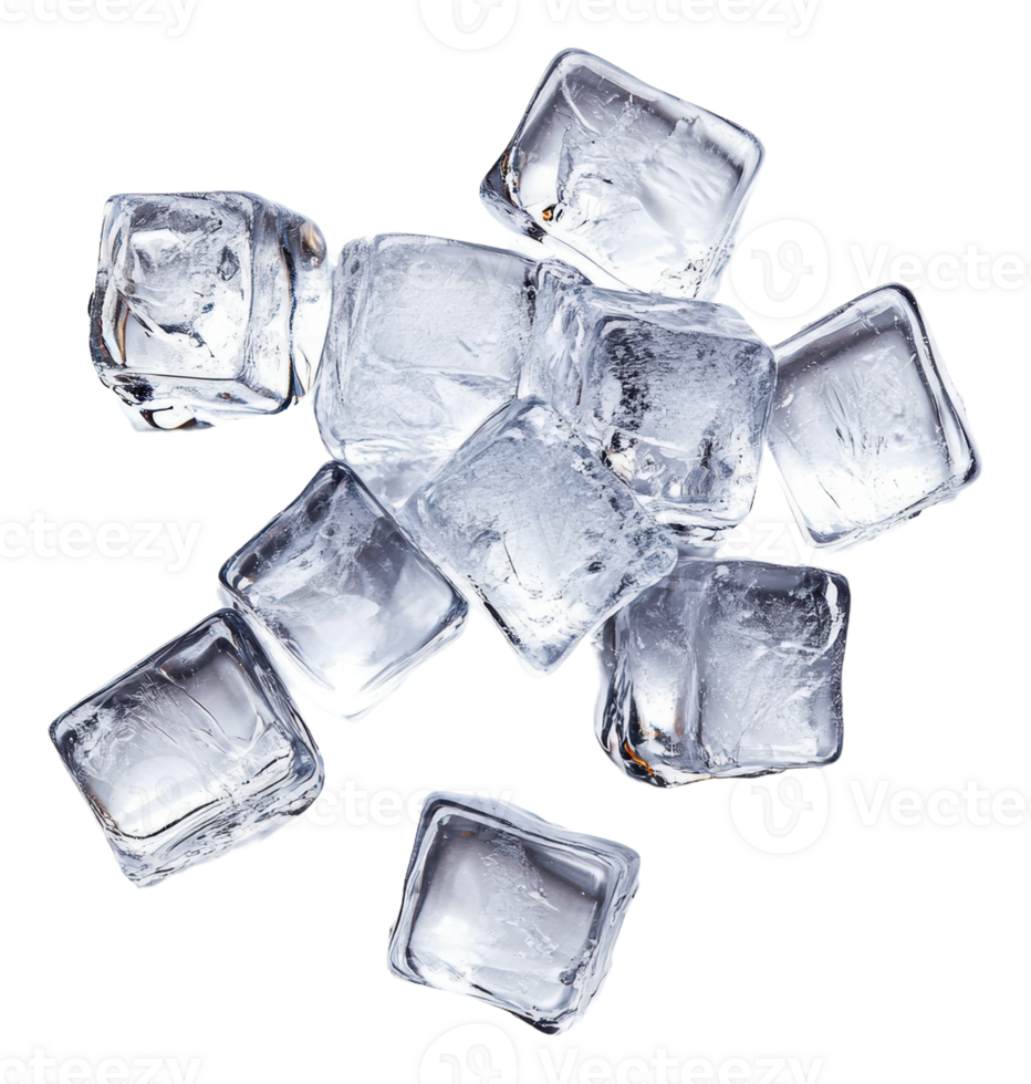 Ice cubes scattered on a white surface, cut out - stock . png