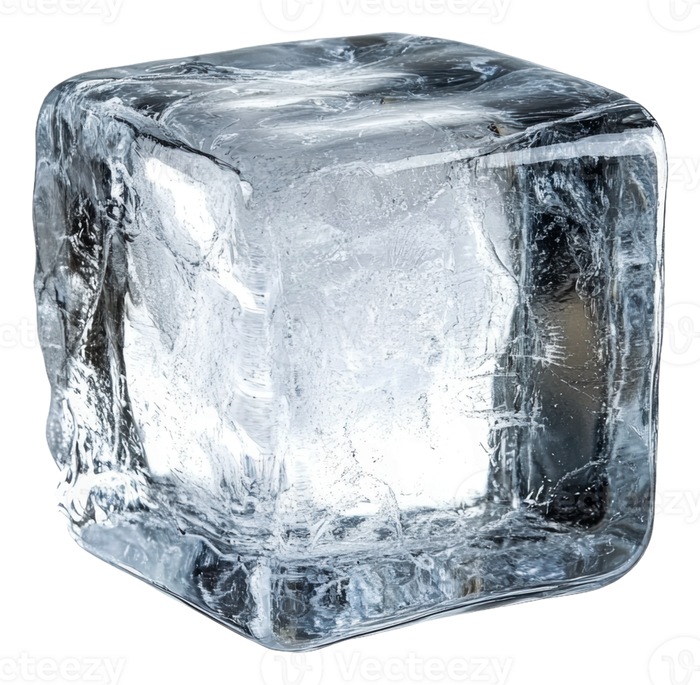 Clear ice cube resting on a smooth surface, cut out - stock . png