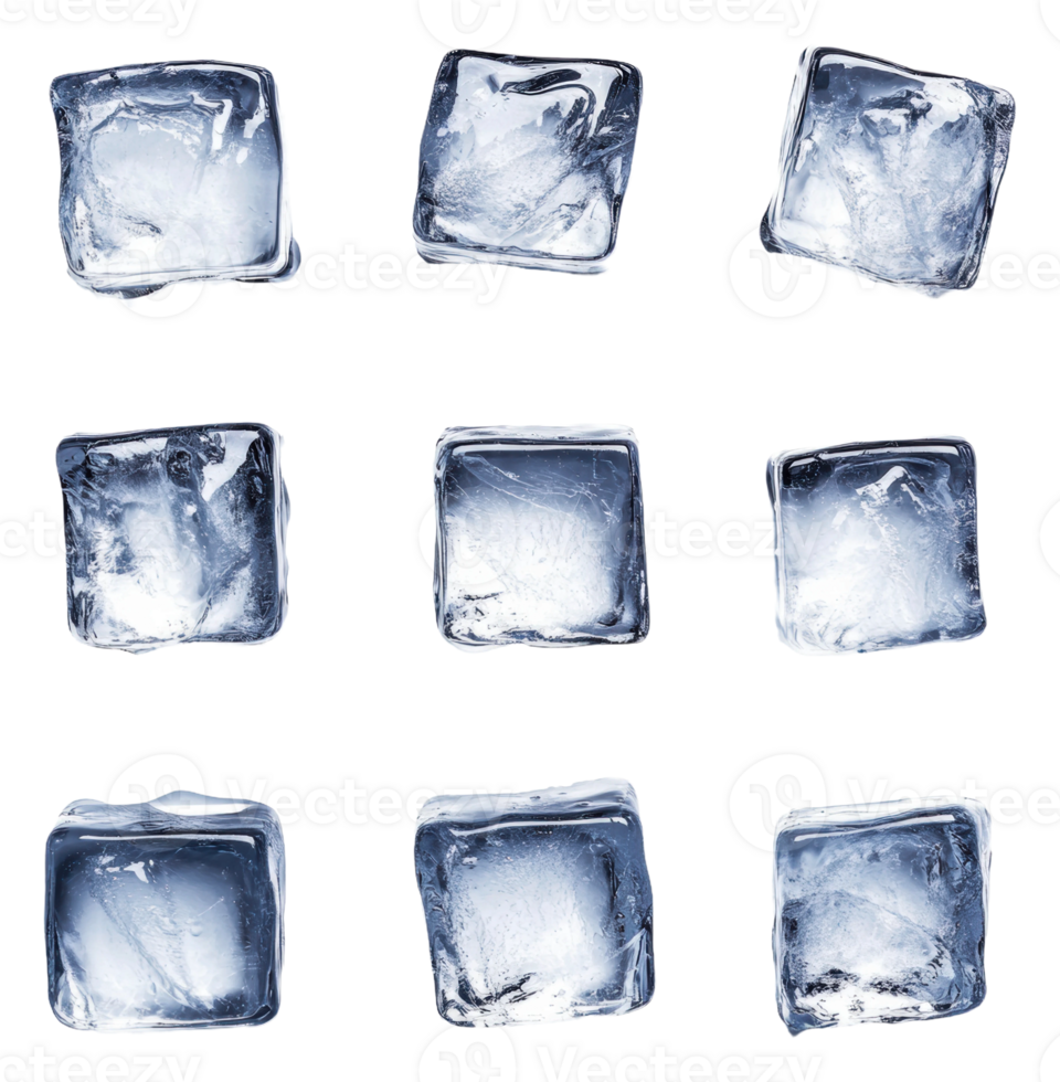 Clear ice cubes arranged in a neat grid layout, cut out - stock . png