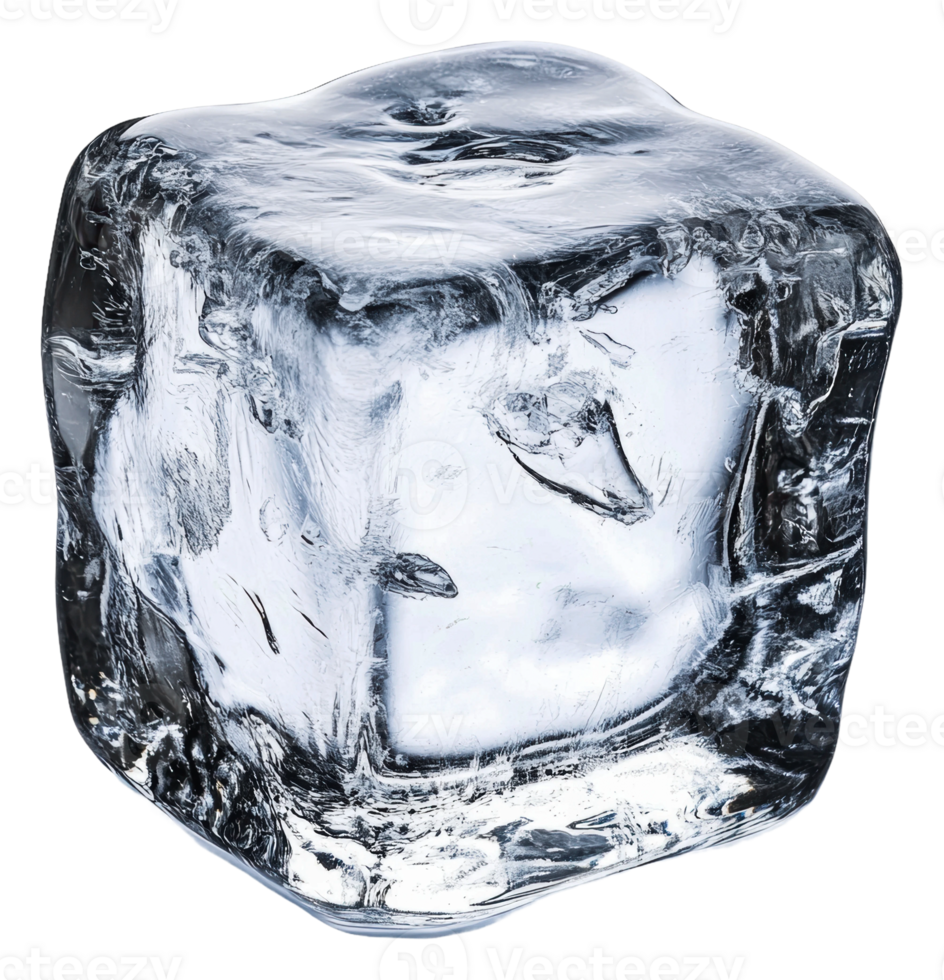Clear ice cube resting on a reflective surface, cut out - stock . png