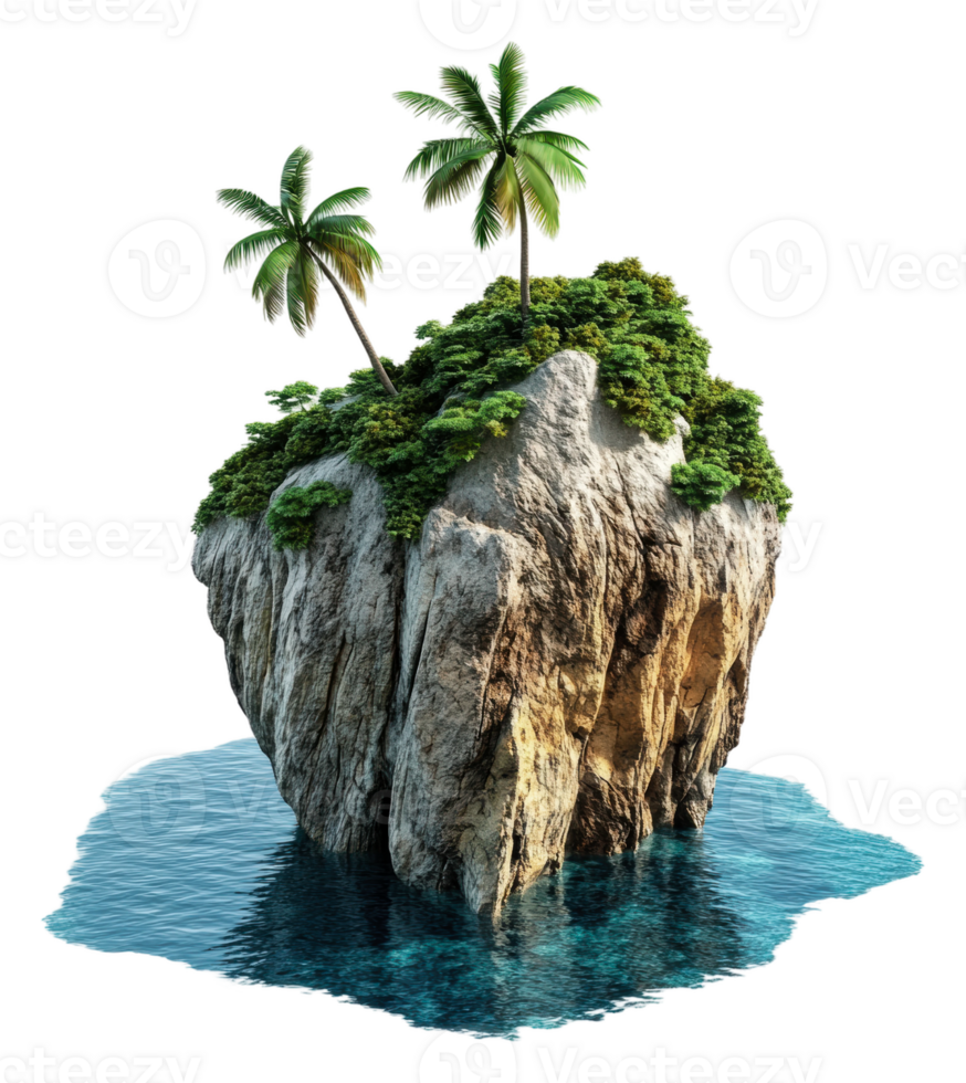 Tropical island with palm trees and water, cut out - stock . png