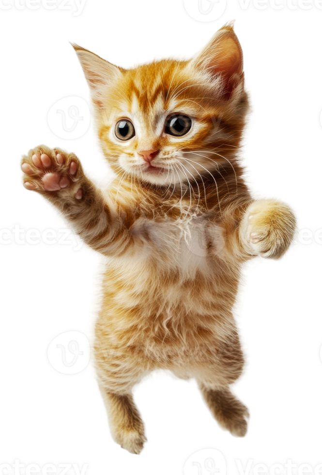 Playful ginger kitten jumping in the air indoors, cut out - stock . png