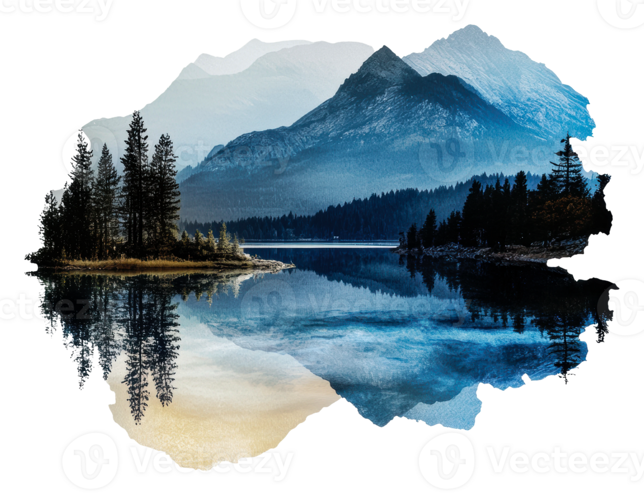 Tranquil reflection of mountains on a serene lake, cut out - stock . png
