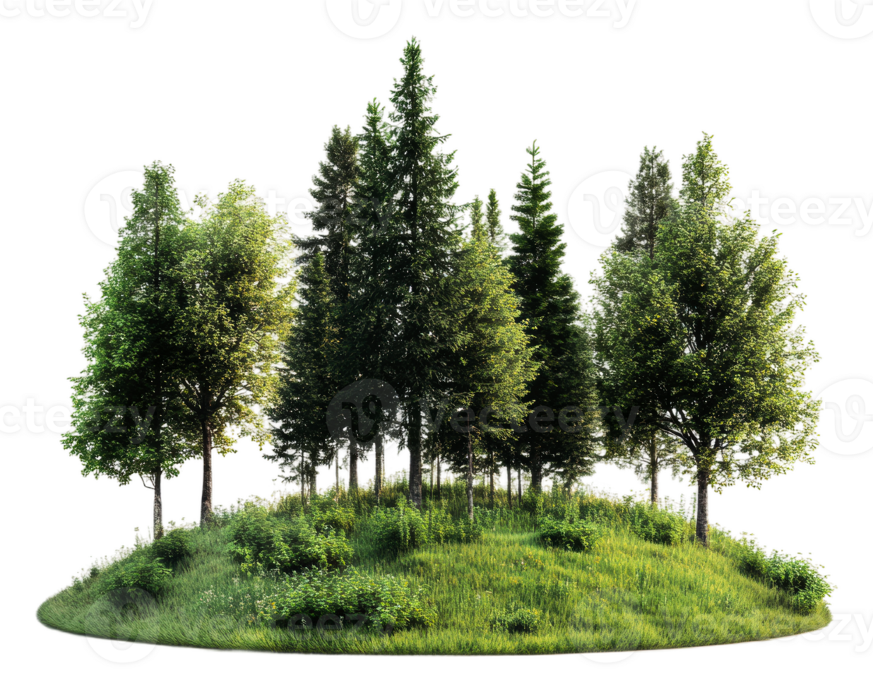 Green forested hill with diverse trees in sunlight, cut out - stock . png