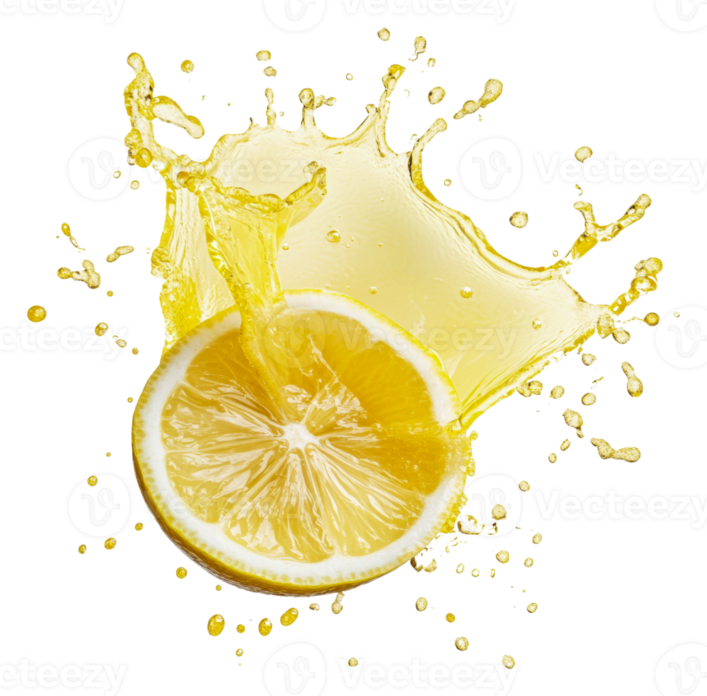 Lemon slice splashing into bright citrus juice, cut out - stock . png