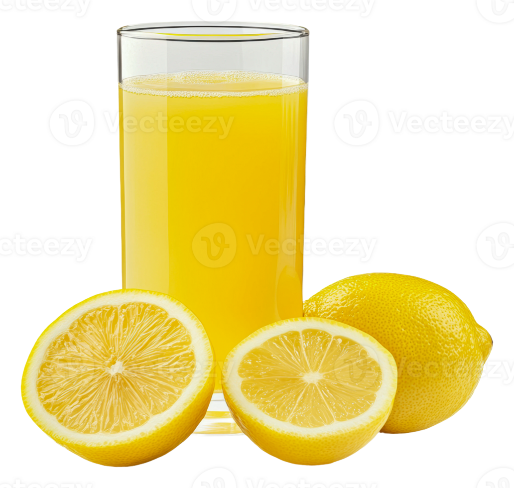 Freshly squeezed lemon juice with whole lemons, cut out - stock . png