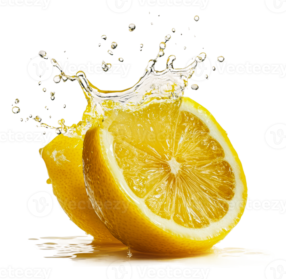Lemons splashing in clear water, cut out - stock . png