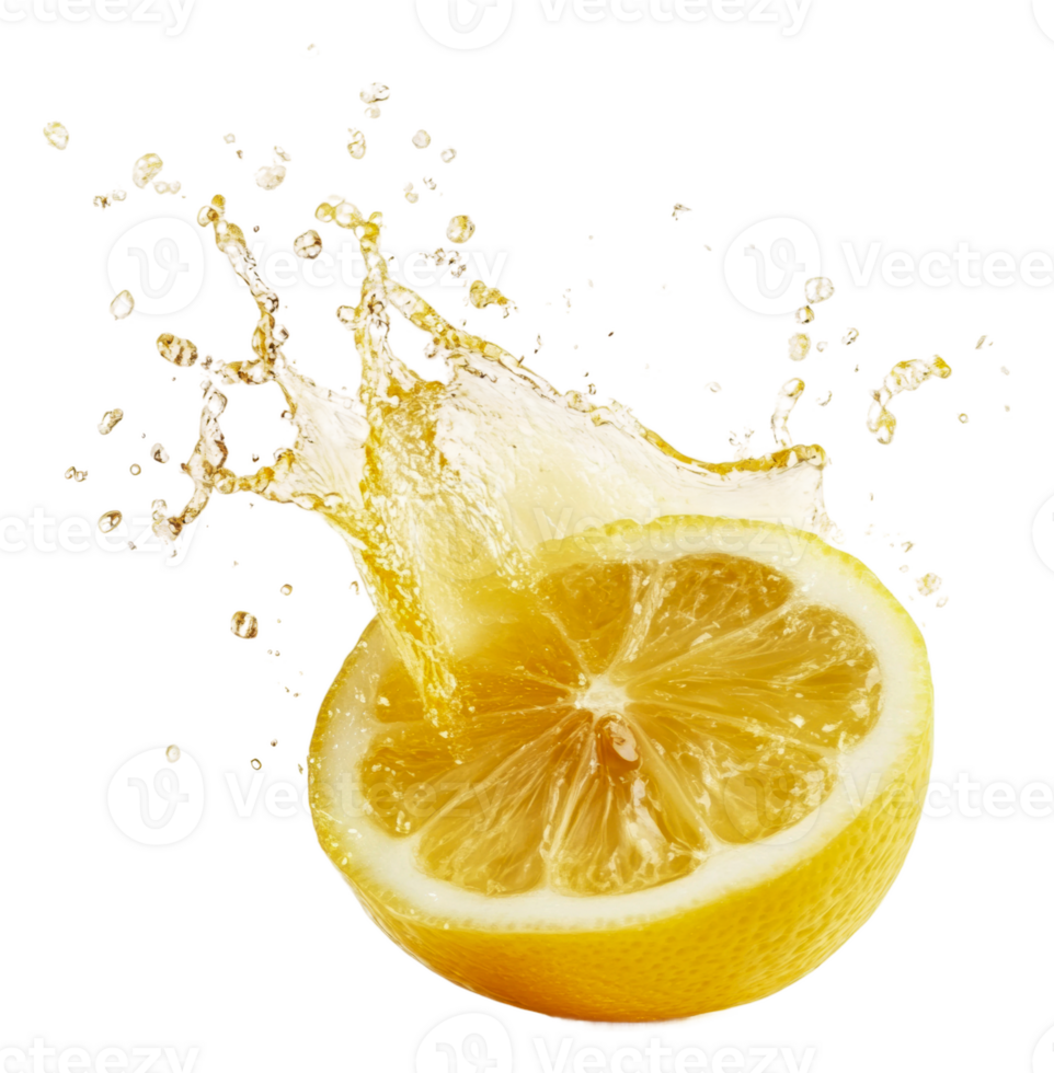 Fresh lemon slice splashing in clear water droplet, cut out - stock . png