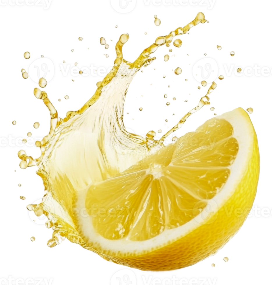 Lemon slice splashing in fresh water with droplets, cut out - stock . png