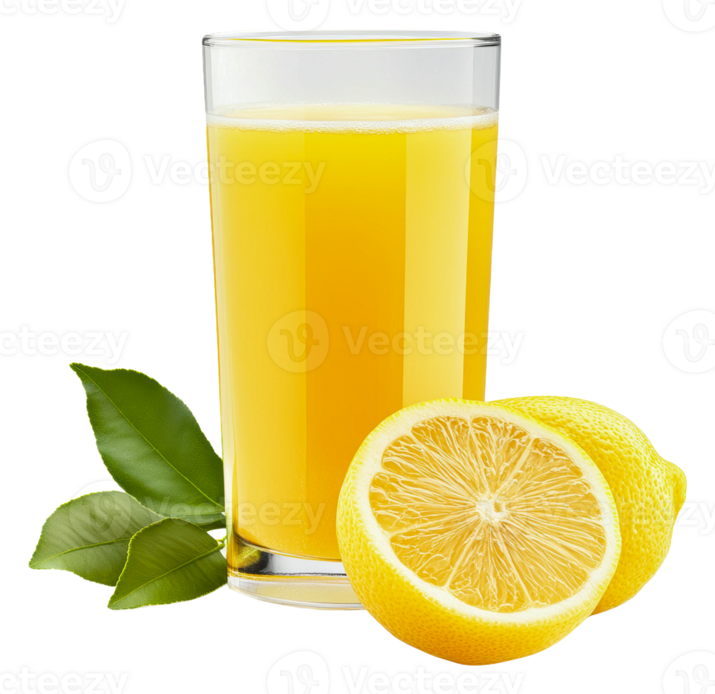 Fresh lemon juice with sliced lemons, cut out - stock . png