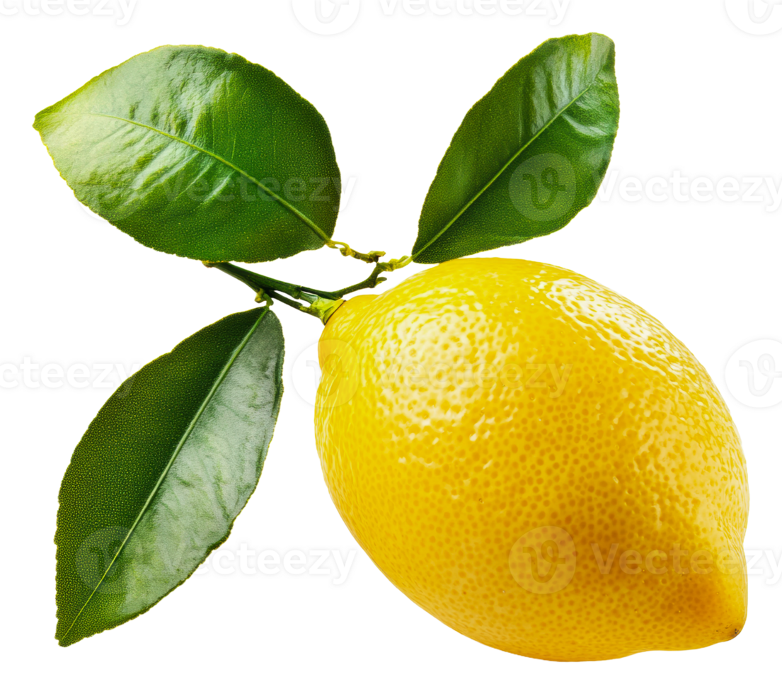 Lemon on green leaves, white backdrop, cut out - stock . png