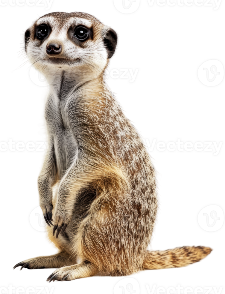 Curious meerkat standing upright in bright light, cut out - stock . png