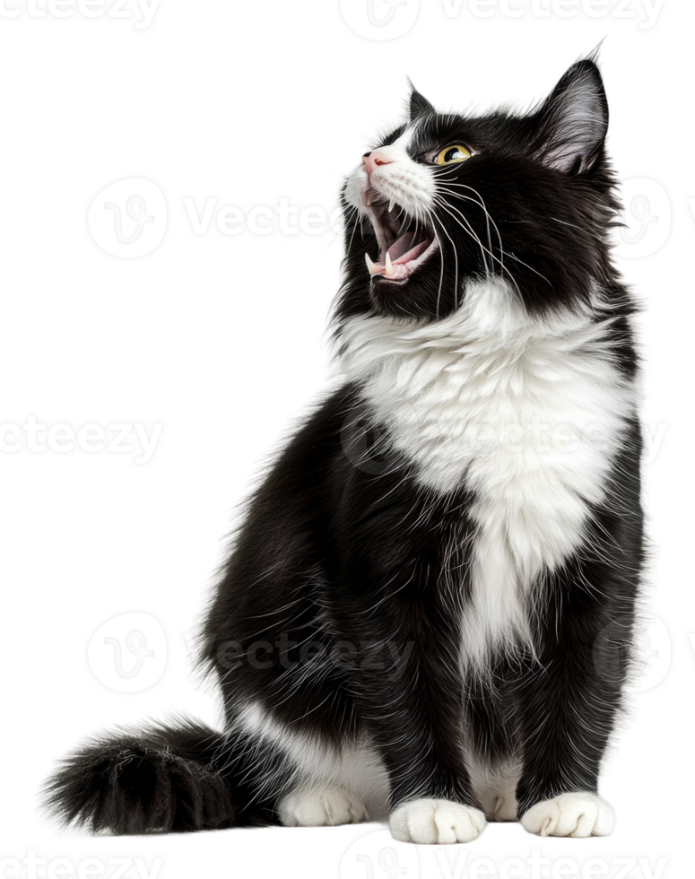 Black and white cat yawning with curiosity indoors, cut out - stock . png