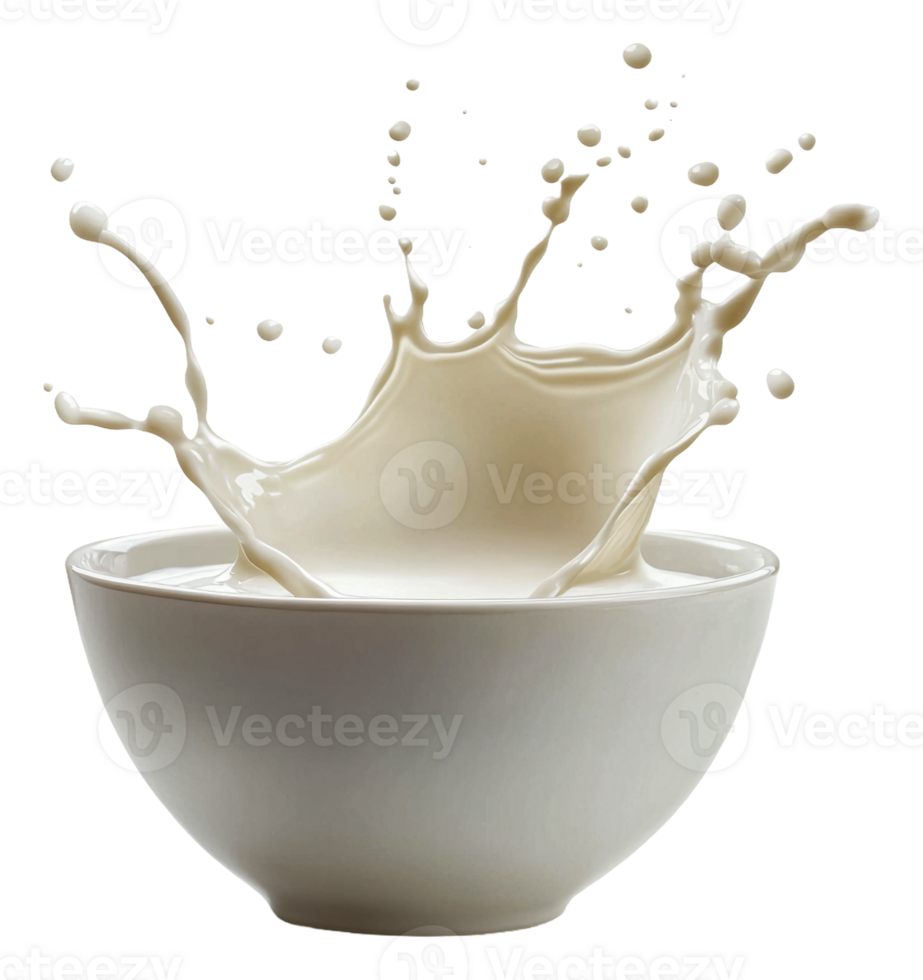 Milk splashes in a white bowl, cut out - stock . png