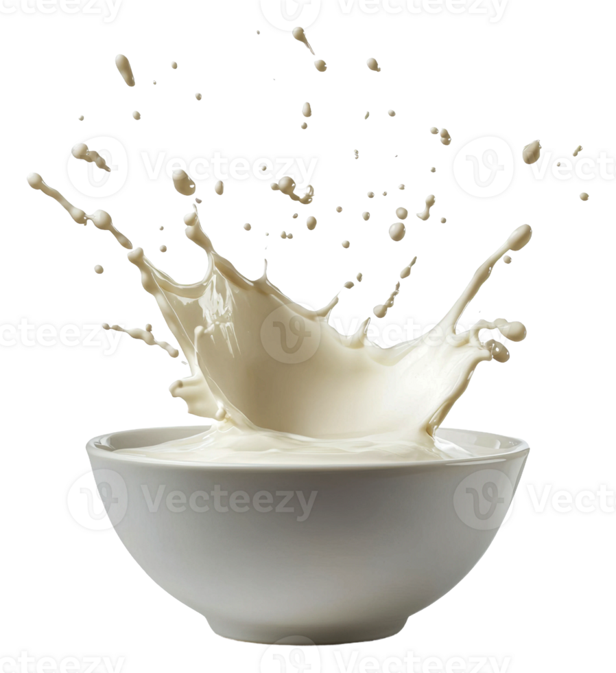 Creamy milk splashes dramatically from a bowl, cut out - stock . png